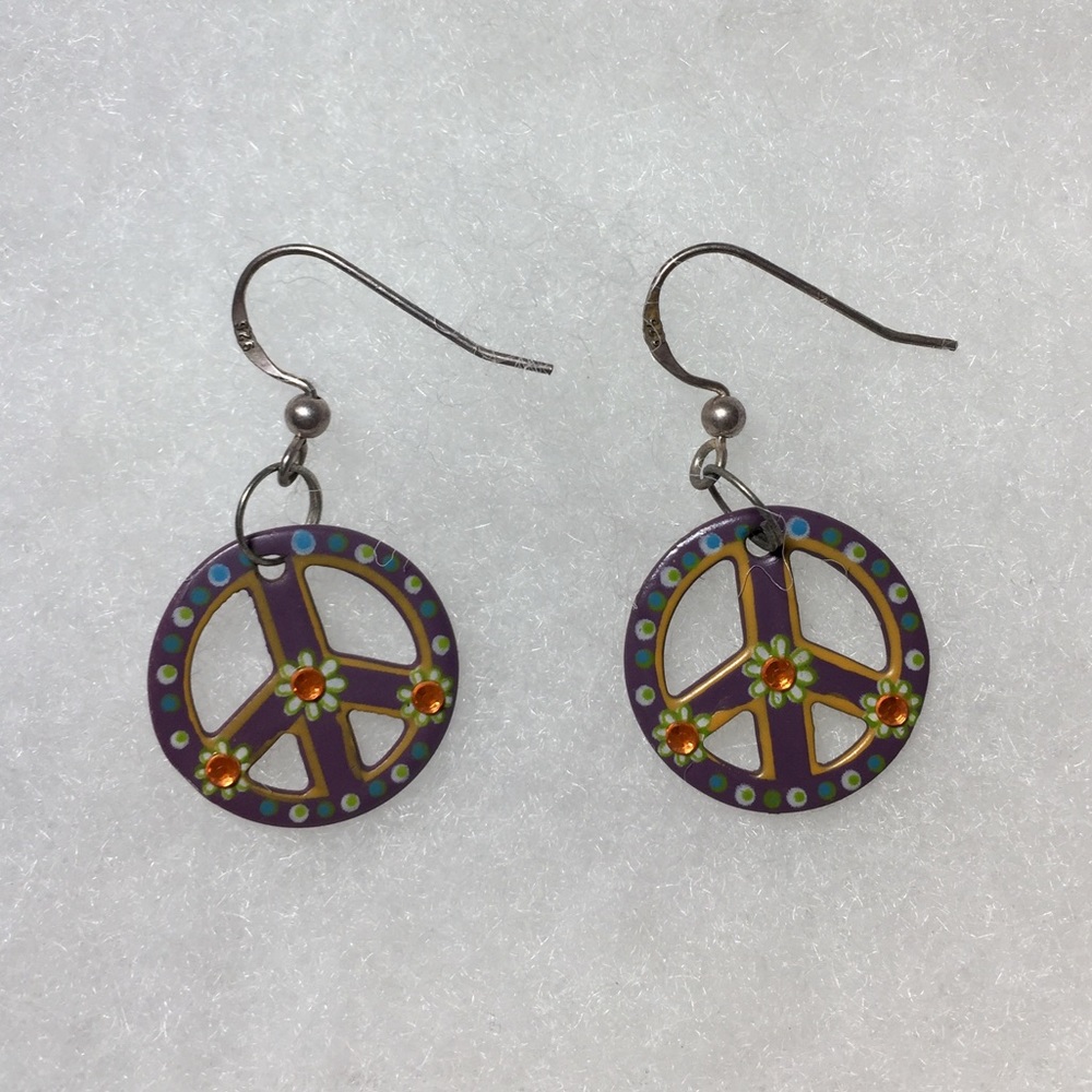 Hand-Painted Multicolor Peace Sign Drop Earrings